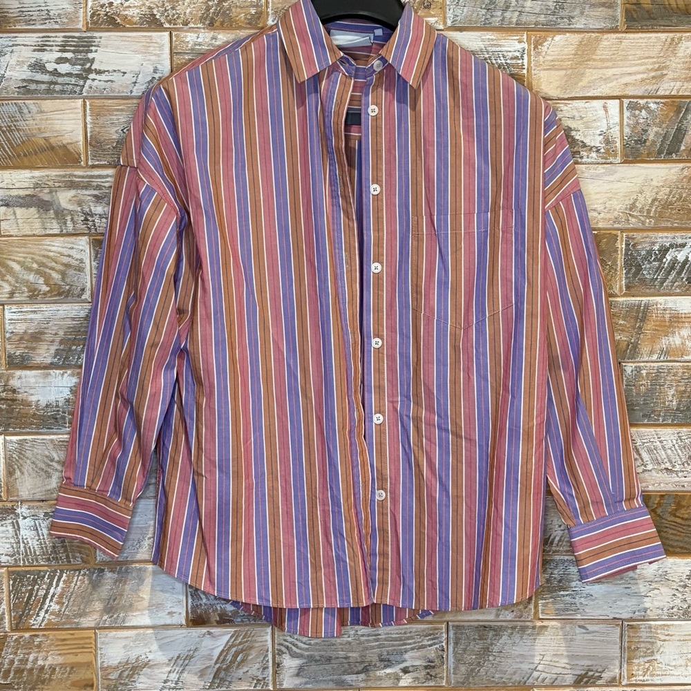 LMND Chiara Shirt Brown & Blue Casual Button Down Shirt with Stripes.  Size XS.